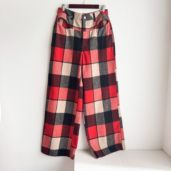 AFRM Willis Cutout Wide Leg Large Plaid Black Red Pants 30 - Picture 4 of 4